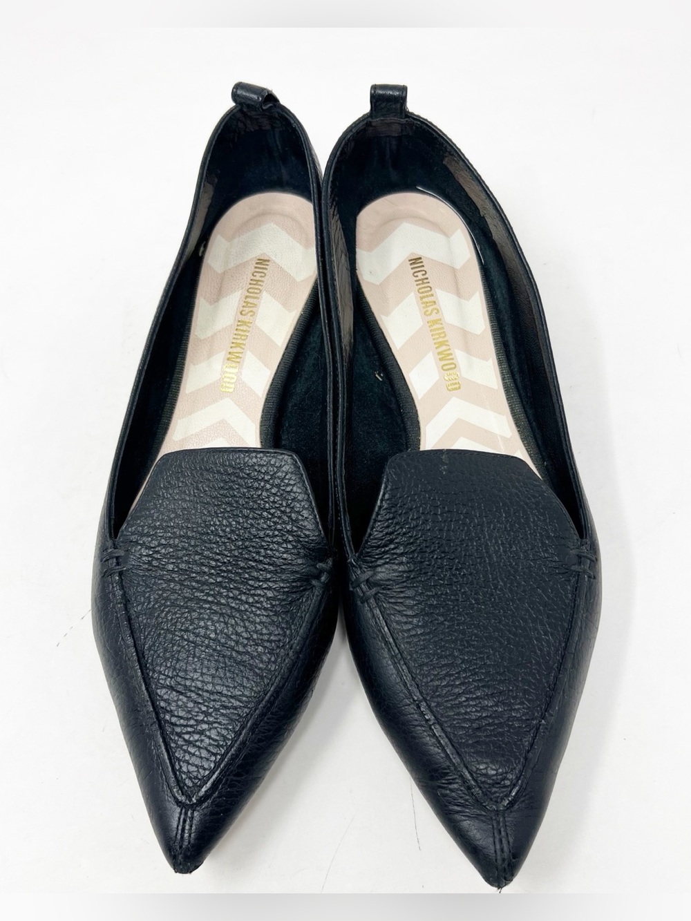 NICHOLAS KIRKWOOD BEYA BLACK POINTED TOE BALLET FLAT GOLD ACCENT HEEL 38.5/8.5